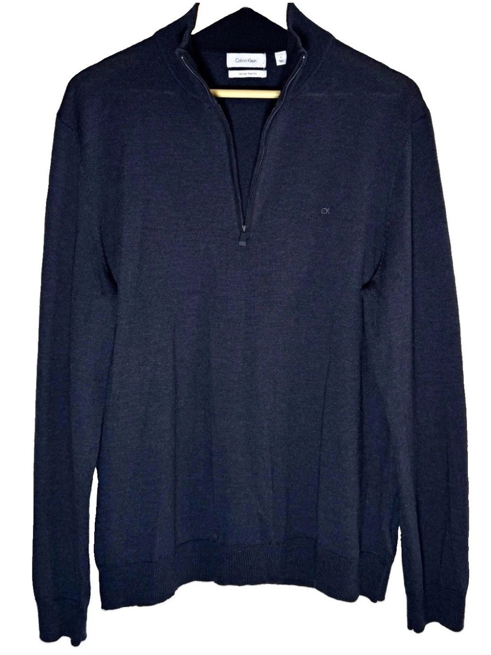 Calvin Klein Mens 100% Italian Merino Wool Sweater Black Large 1/4 Zip Pullover
